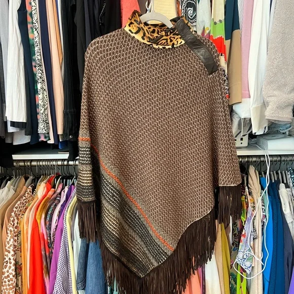 Etro Brown Knit Poncho with Fringe